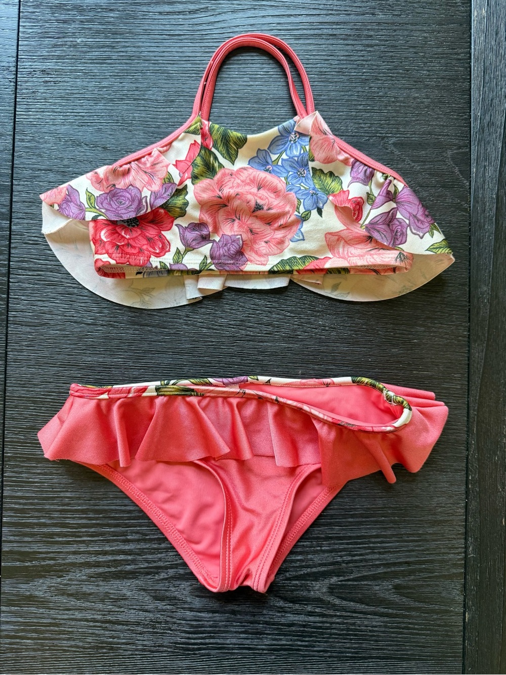 Girls Zimmerman Floral Ruffle Two-Piece Bikini Set - Coral & Multicolor Floral